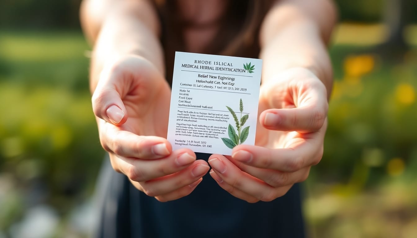 Person holding a Rhode Island medical marijuana identification card with relief